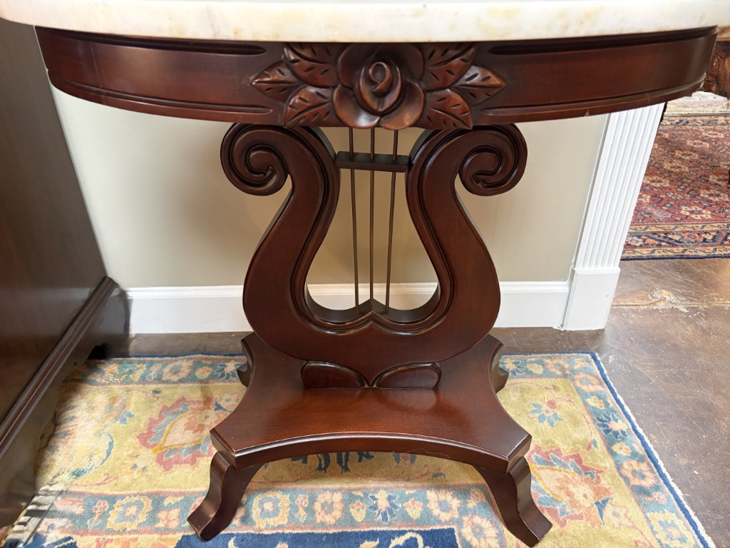 Oval Carved Mahogany Victorian Style Marble Top Side Table with Lyre Base Oval Carved Mahogany Victorian Style Marble Top Side Table with Lyre Base