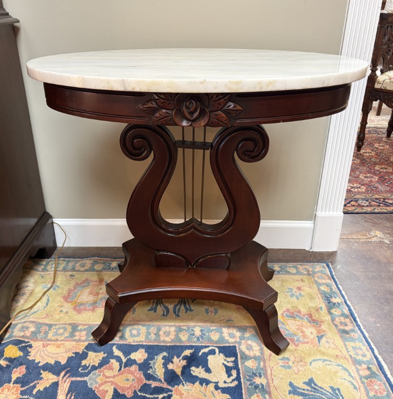 Oval Carved Mahogany Victorian Style Marble Top Side Table with Lyre Base Oval Carved Mahogany Victorian Style Marble Top Side Table with Lyre Base