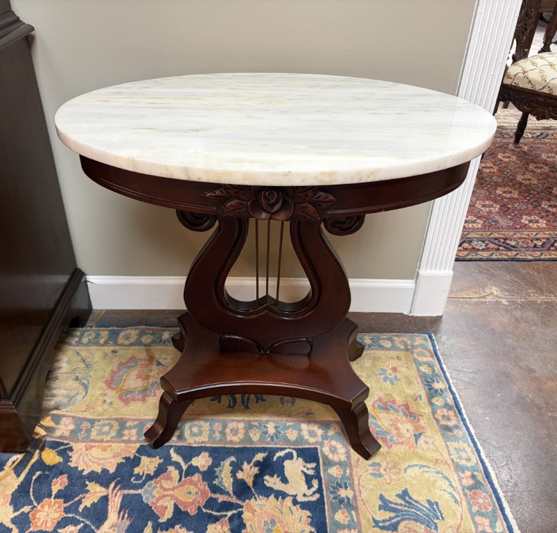 Oval Carved Mahogany Victorian Style Marble Top Side Table with Lyre Base Oval Carved Mahogany Victorian Style Marble Top Side Table with Lyre Base
