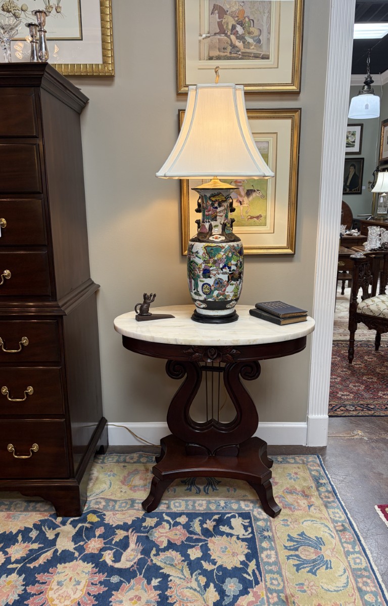 Oval Carved Mahogany Victorian Style Marble Top Side Table with Lyre Base Oval Carved Mahogany Victorian Style Marble Top Side Table with Lyre Base