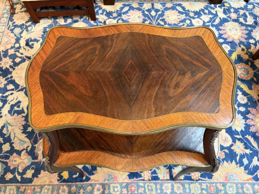 Antique Louis XV Style Rosewood Two Tier Stand with Satinwood Banding and Brass Handles Antique Louis XV Style Rosewood Two Tier Stand with Satinwood Banding and Brass Handles