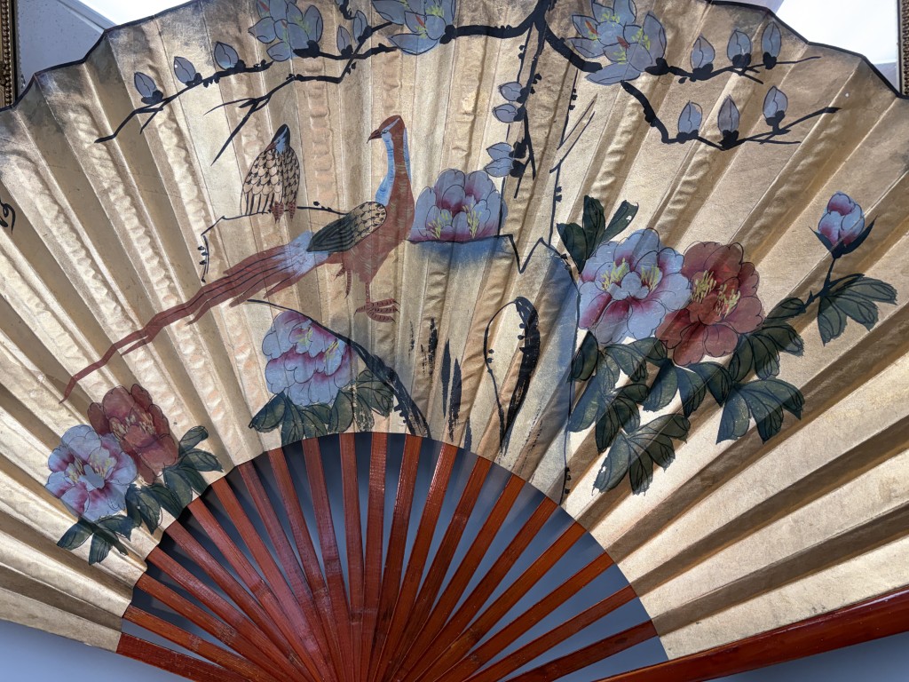 Large Hand Painted Rice Paper Asian Fan with Bamboo Frame Large Hand Painted Rice Paper Asian Fan with Bamboo Frame