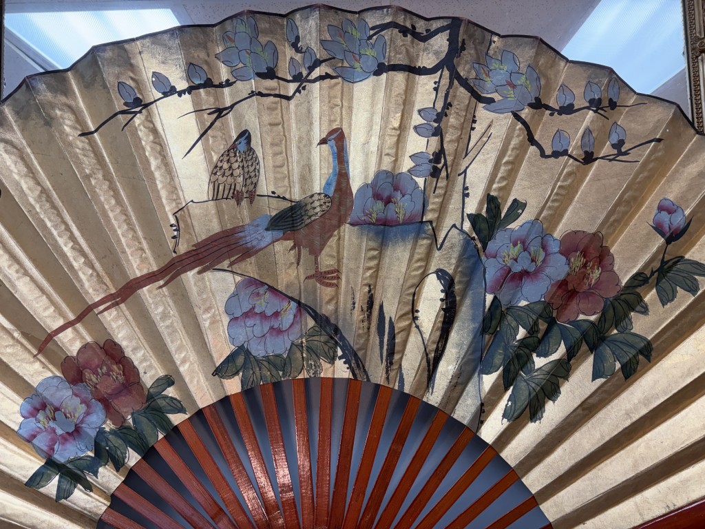 Large Hand Painted Rice Paper Asian Fan with Bamboo Frame Large Hand Painted Rice Paper Asian Fan with Bamboo Frame