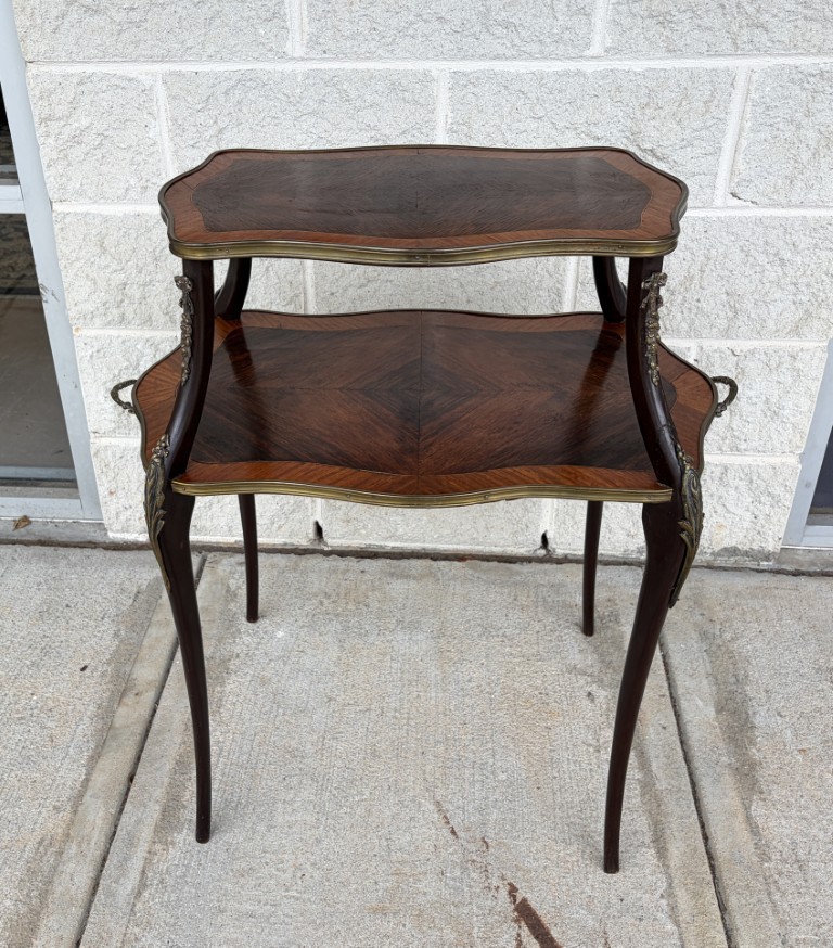Antique Louis XV Style Rosewood Two Tier Stand with Satinwood Banding and Brass Handles Antique Louis XV Style Rosewood Two Tier Stand with Satinwood Banding and Brass Handles