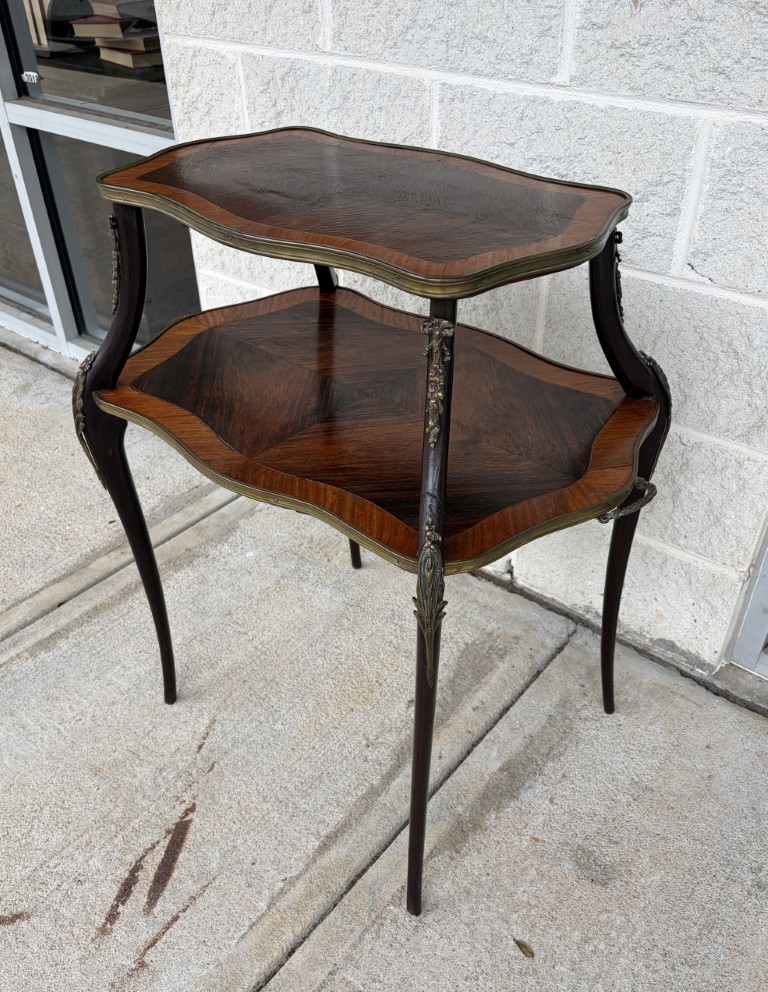 Antique Louis XV Style Rosewood Two Tier Stand with Satinwood Banding and Brass Handles Antique Louis XV Style Rosewood Two Tier Stand with Satinwood Banding and Brass Handles