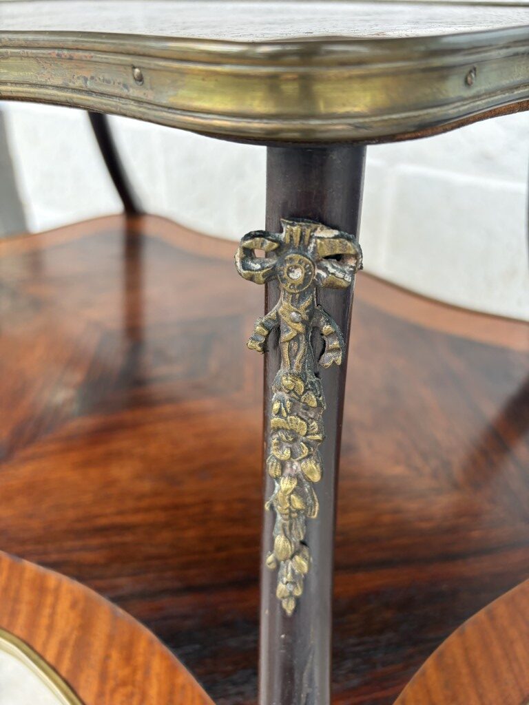 Antique Louis XV Style Rosewood Two Tier Stand with Satinwood Banding and Brass Handles Antique Louis XV Style Rosewood Two Tier Stand with Satinwood Banding and Brass Handles
