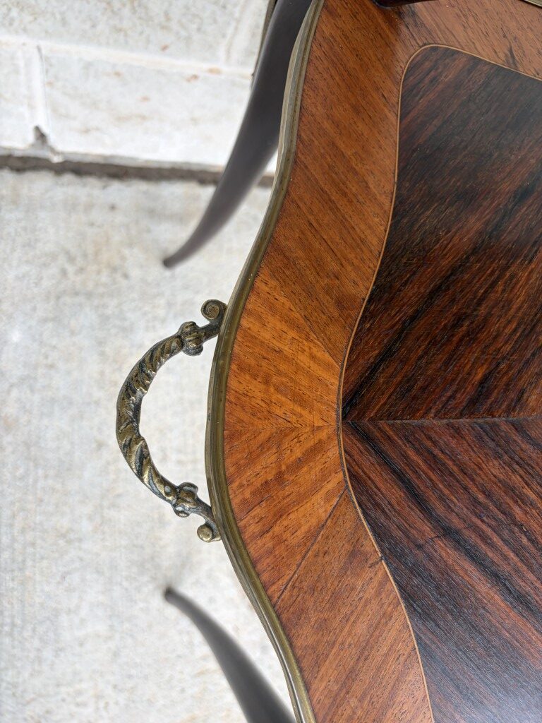 Antique Louis XV Style Rosewood Two Tier Stand with Satinwood Banding and Brass Handles Antique Louis XV Style Rosewood Two Tier Stand with Satinwood Banding and Brass Handles