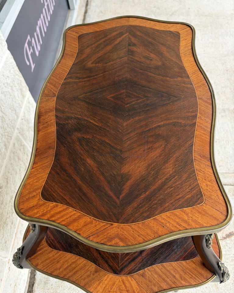 Antique Louis XV Style Rosewood Two Tier Stand with Satinwood Banding and Brass Handles Antique Louis XV Style Rosewood Two Tier Stand with Satinwood Banding and Brass Handles