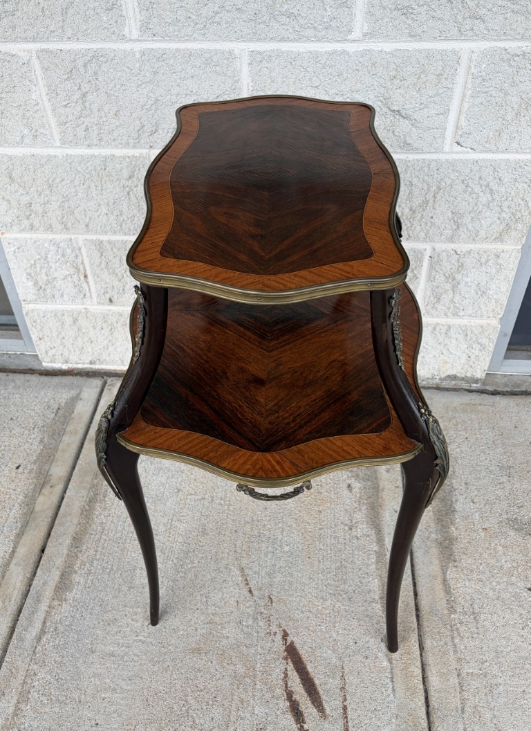Antique Louis XV Style Rosewood Two Tier Stand with Satinwood Banding and Brass Handles Antique Louis XV Style Rosewood Two Tier Stand with Satinwood Banding and Brass Handles