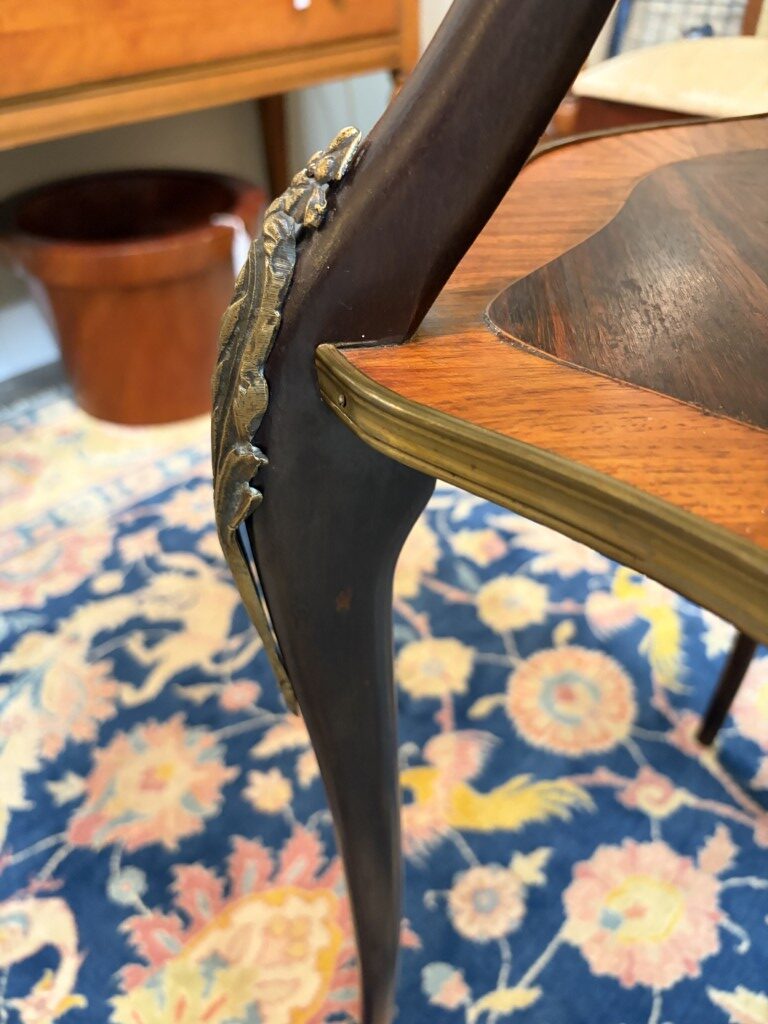 Antique Louis XV Style Rosewood Two Tier Stand with Satinwood Banding and Brass Handles Antique Louis XV Style Rosewood Two Tier Stand with Satinwood Banding and Brass Handles