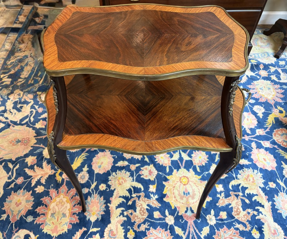 Antique Louis XV Style Rosewood Two Tier Stand with Satinwood Banding and Brass Handles Antique Louis XV Style Rosewood Two Tier Stand with Satinwood Banding and Brass Handles