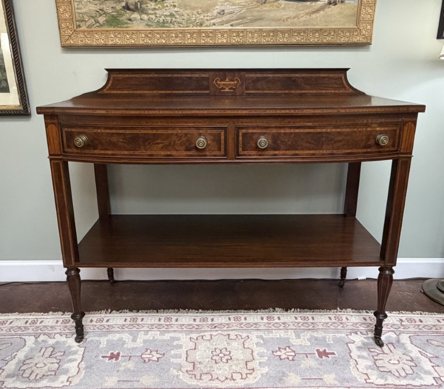 Adams Style Two Drawer Bow Front Mahogany Server with Inlay Adams Style Two Drawer Bow Front Mahogany Server with Inlay