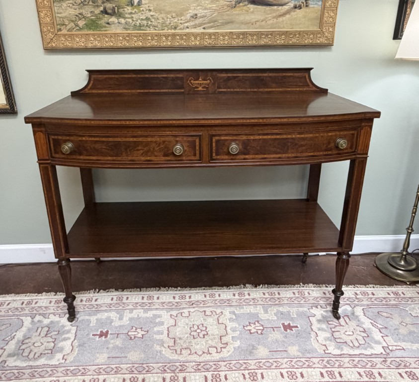 Adams Style Two Drawer Bow Front Mahogany Server with Inlay Adams Style Two Drawer Bow Front Mahogany Server with Inlay