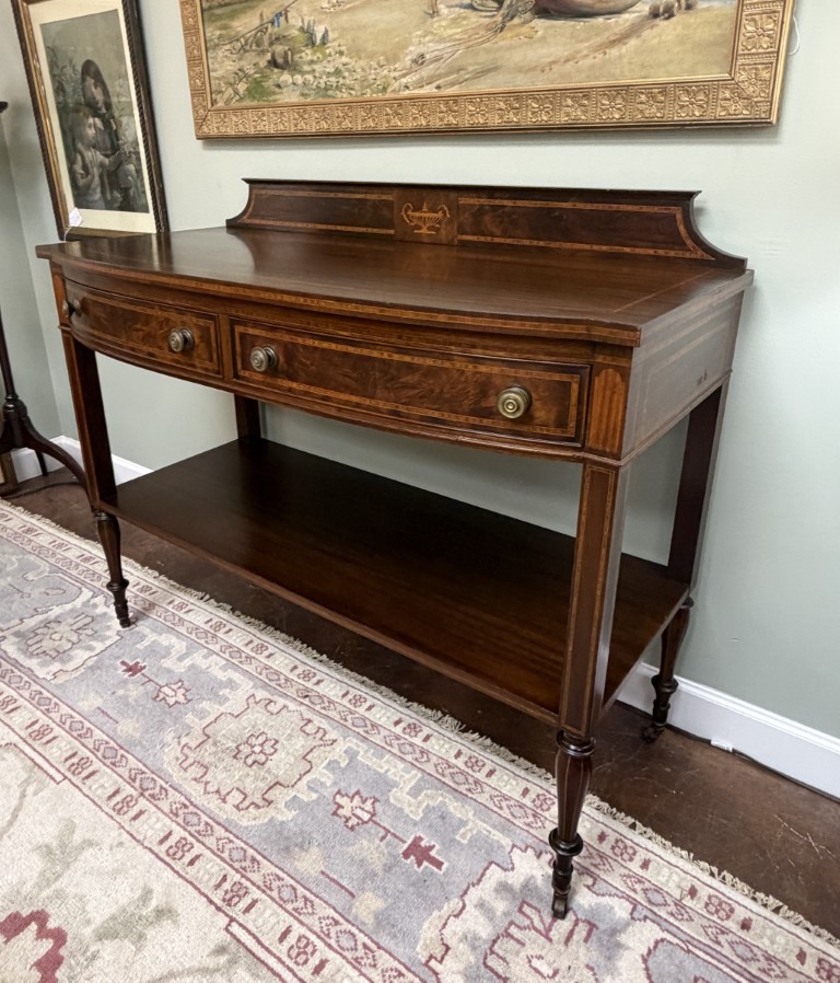 Adams Style Two Drawer Bow Front Mahogany Server with Inlay Adams Style Two Drawer Bow Front Mahogany Server with Inlay