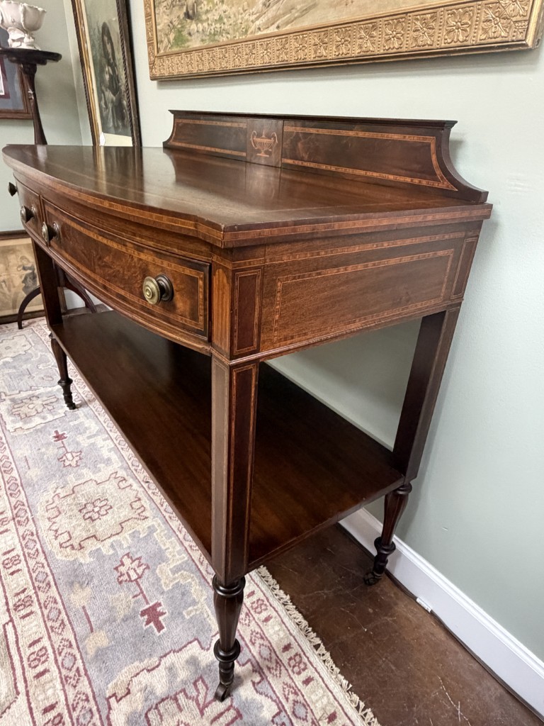 Adams Style Two Drawer Bow Front Mahogany Server with Inlay Adams Style Two Drawer Bow Front Mahogany Server with Inlay