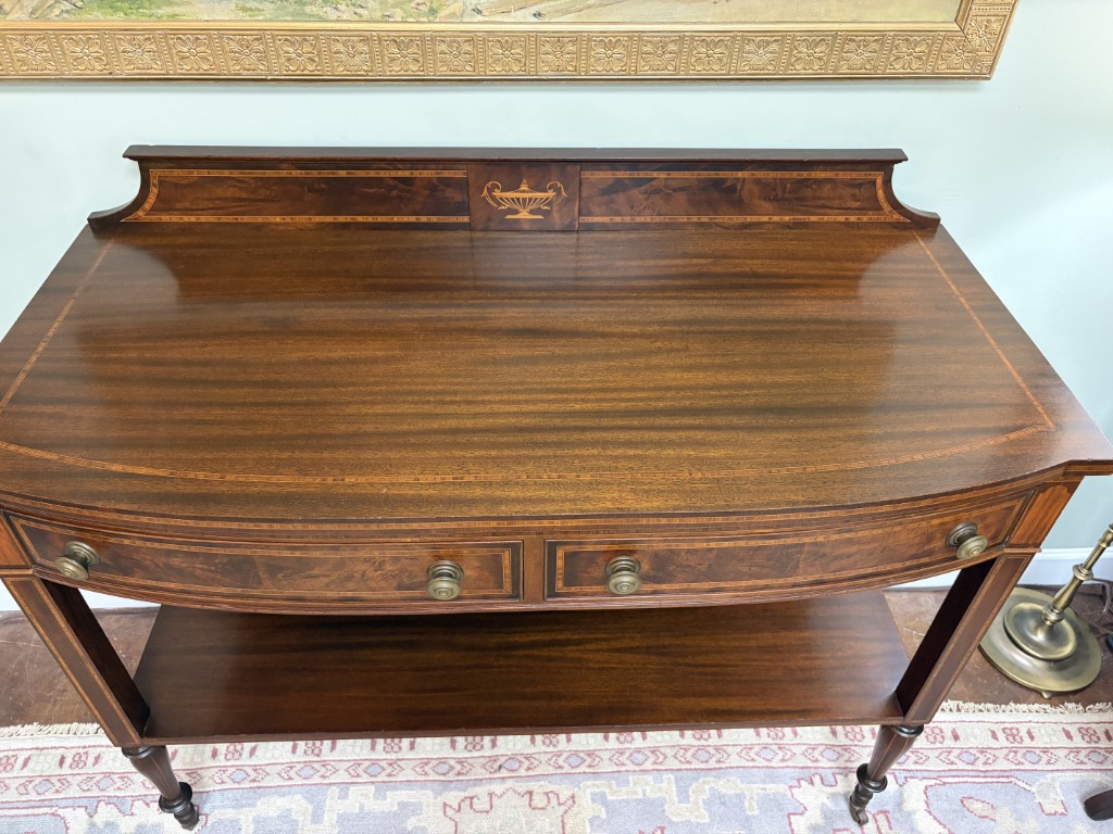 Adams Style Two Drawer Bow Front Mahogany Server with Inlay Adams Style Two Drawer Bow Front Mahogany Server with Inlay