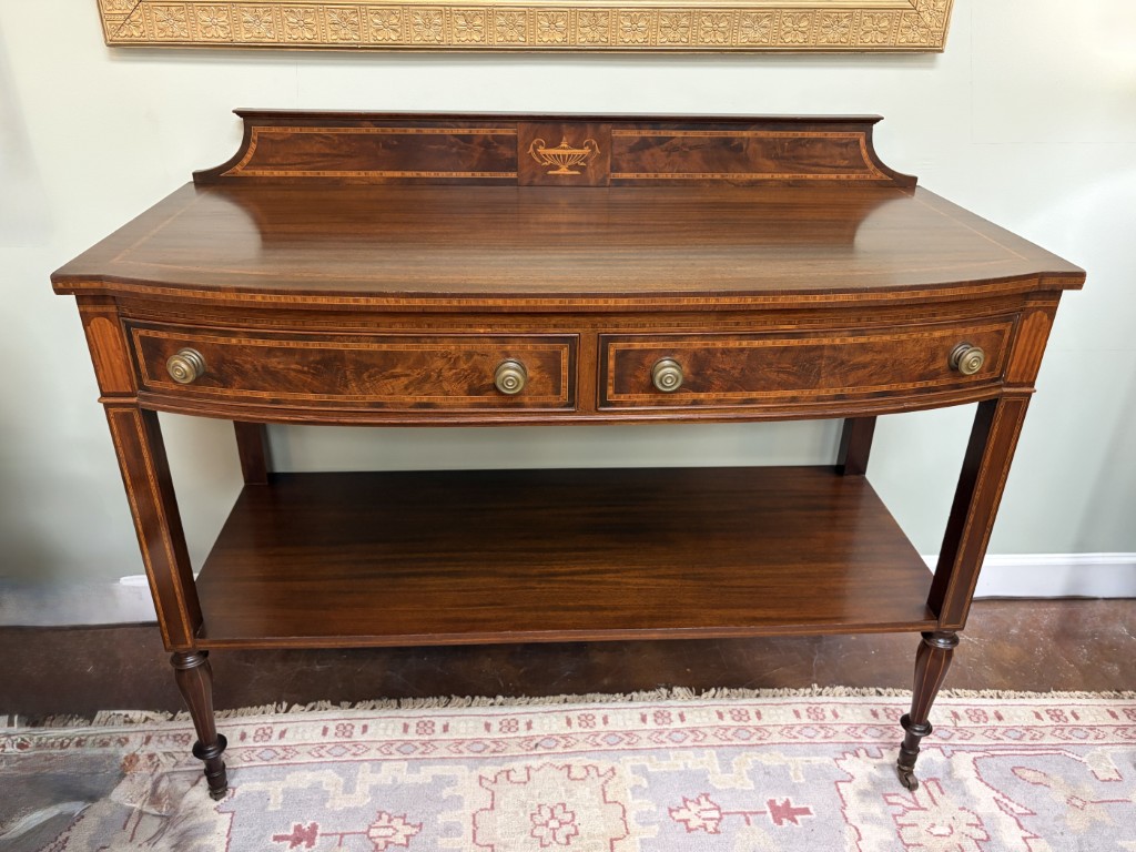 Adams Style Two Drawer Bow Front Mahogany Server with Inlay Adams Style Two Drawer Bow Front Mahogany Server with Inlay