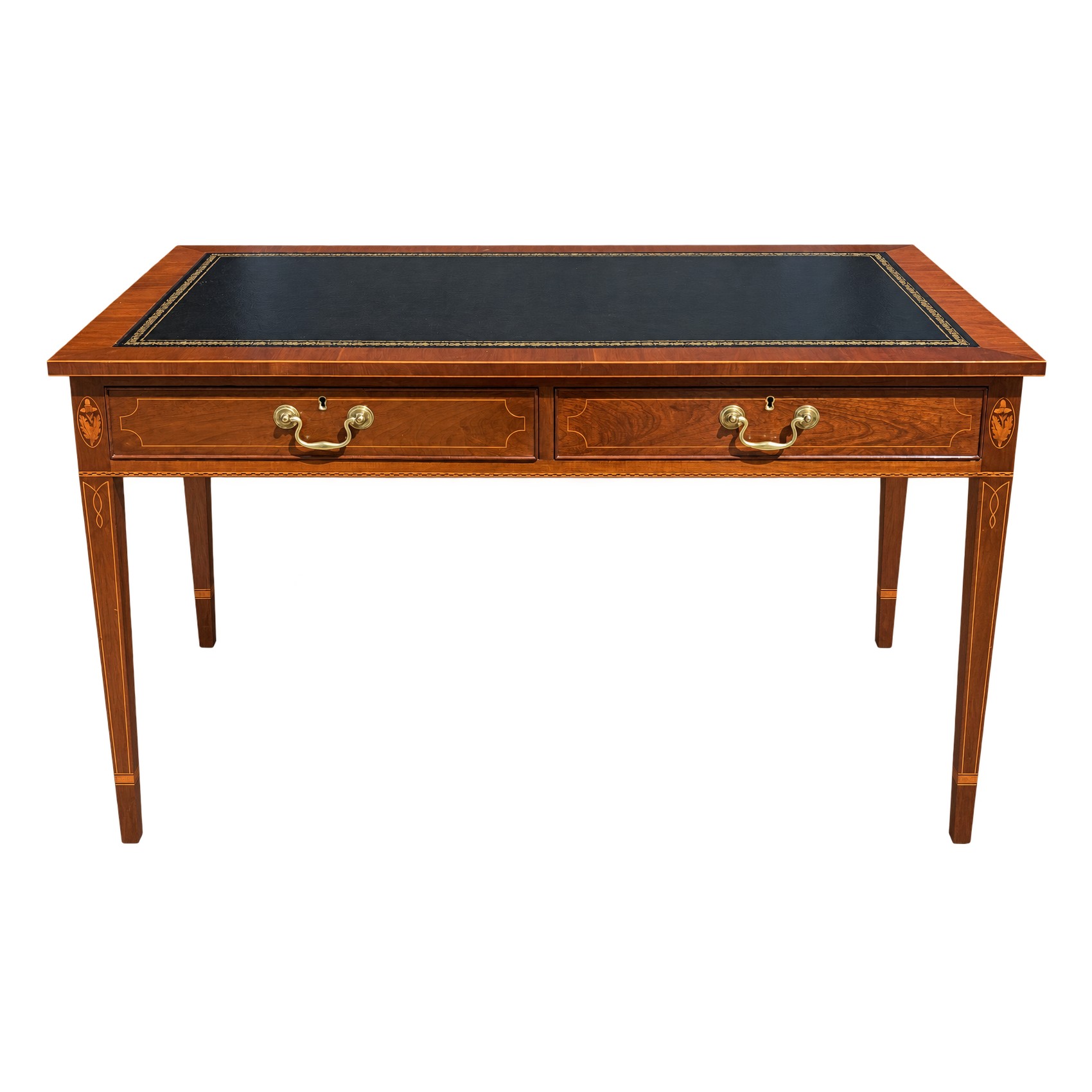 Mahogany Desk with Two Drawers, Inlay and Tooled Leather Top Mahogany Desk with Two Drawers, Inlay and Tooled Leather Top