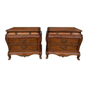Pair of Orleans International French-Style Burled Walnut Bombe Nightstands
