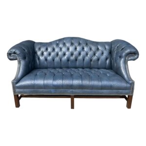 Vintage Blue Leather Camelback Chesterfield Sofa