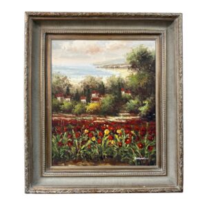 Original Oil on Canvas of Poppy Field by Coastal Village