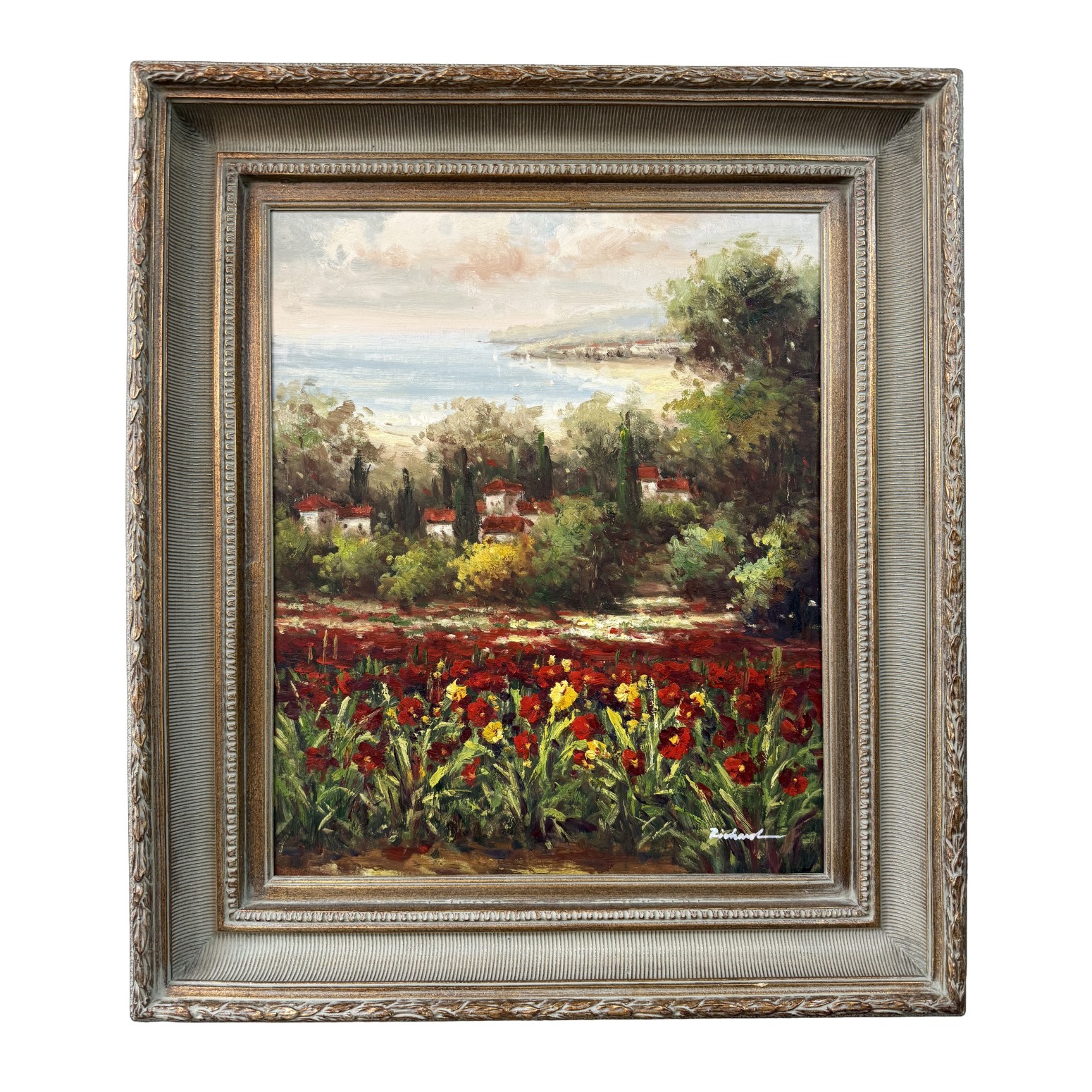Original Oil on Canvas of Poppy Field by Coastal Village Original Oil on Canvas of Poppy Field by Coastal Village