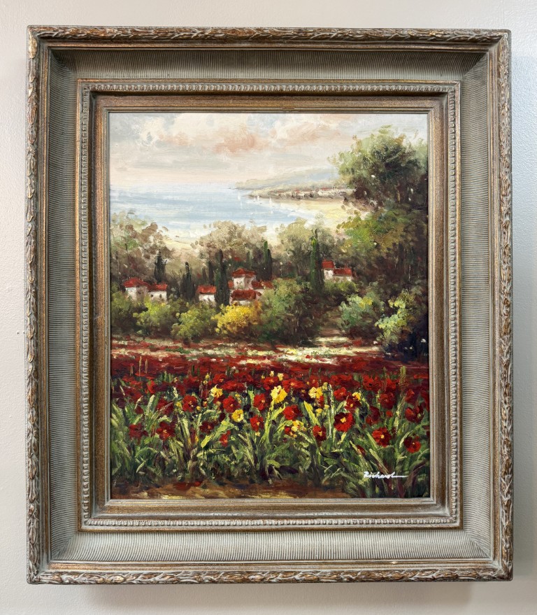 Original Oil on Canvas of Poppy Field by Coastal Village Original Oil on Canvas of Poppy Field by Coastal Village