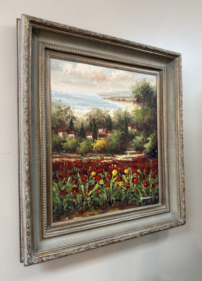 Original Oil on Canvas of Poppy Field by Coastal Village Original Oil on Canvas of Poppy Field by Coastal Village