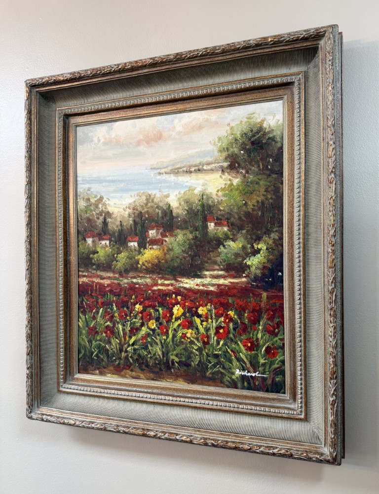 Original Oil on Canvas of Poppy Field by Coastal Village Original Oil on Canvas of Poppy Field by Coastal Village