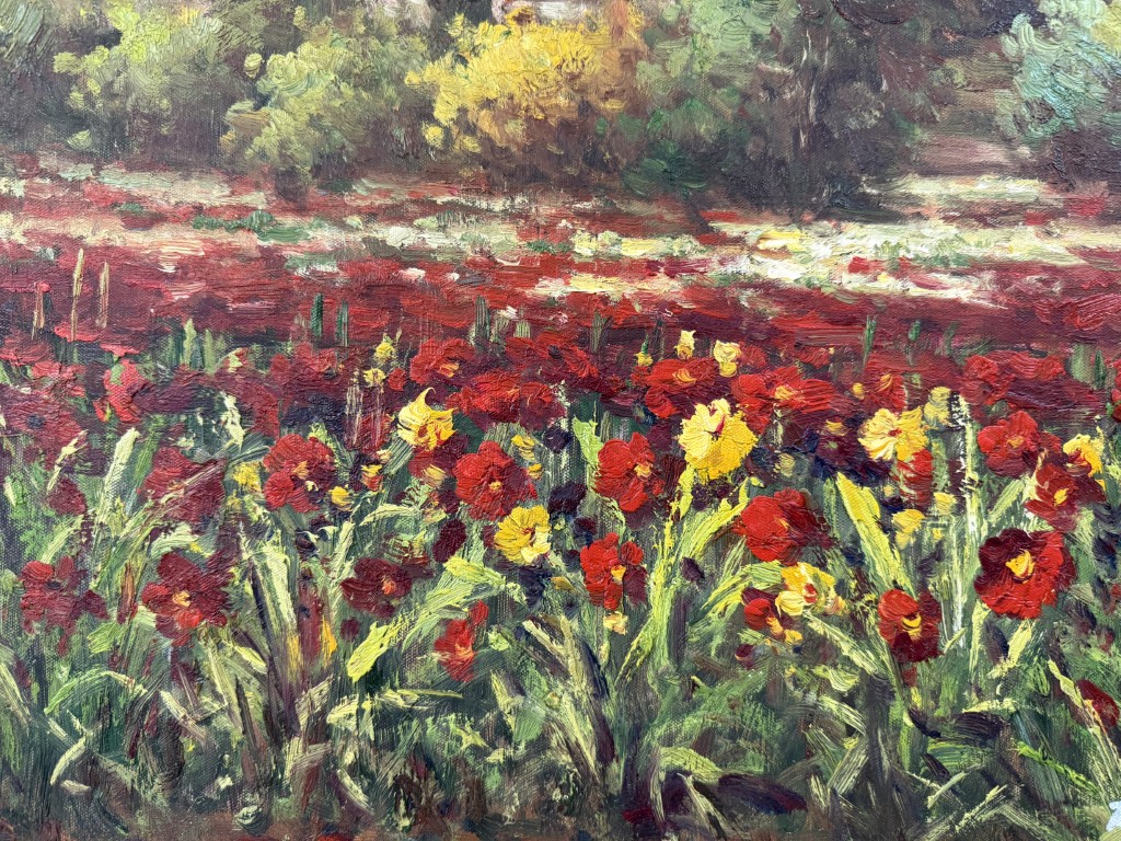 Original Oil on Canvas of Poppy Field by Coastal Village Original Oil on Canvas of Poppy Field by Coastal Village