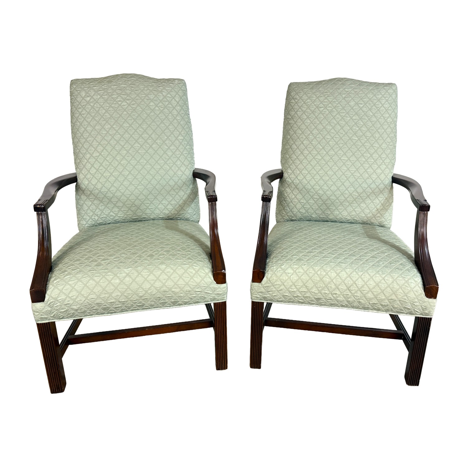 Pair of Textured Sea-Foam Green Upholstered Arm Chairs Pair of Textured Sea-Foam Green Upholstered Arm Chairs