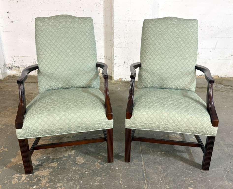 Pair of Textured Sea-Foam Green Upholstered Arm Chairs Pair of Textured Sea-Foam Green Upholstered Arm Chairs