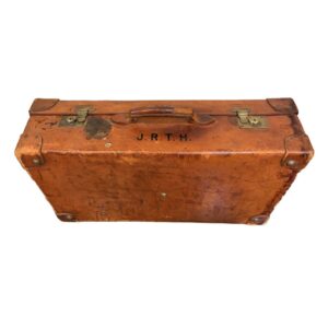 Large Antique Leather Monogrammed Suitcase with Brass Locks