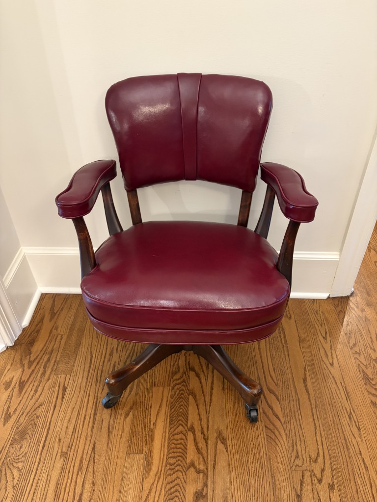 Vintage Red Leather and Mahogany Adjustable Swivel Desk Chair Vintage Red Leather and Mahogany Adjustable Swivel Desk Chair
