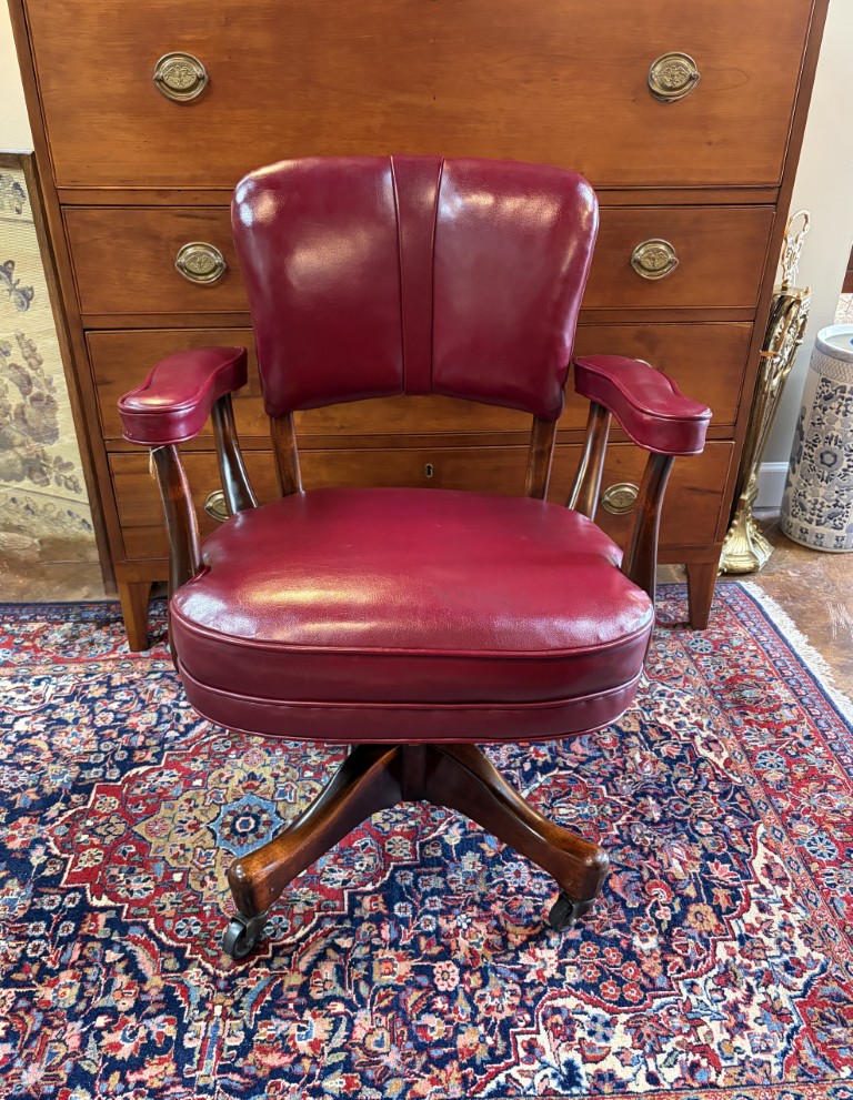 Vintage Red Leather and Mahogany Adjustable Swivel Desk Chair Vintage Red Leather and Mahogany Adjustable Swivel Desk Chair
