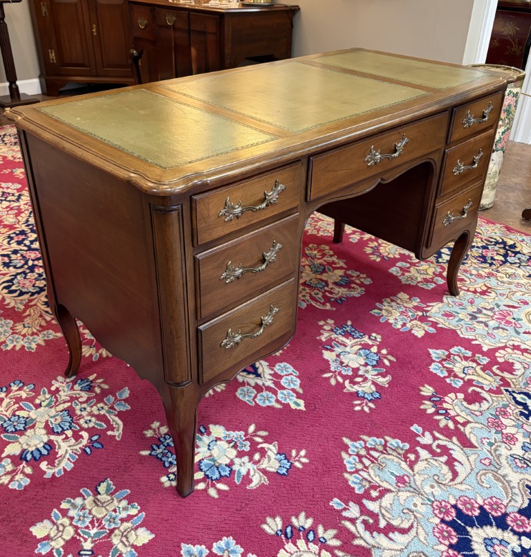 Vintage French Provencial Cherry Desk with Green Leather Top by Townsend Vintage French Provencial Cherry Desk with Green Leather Top by Townsend
