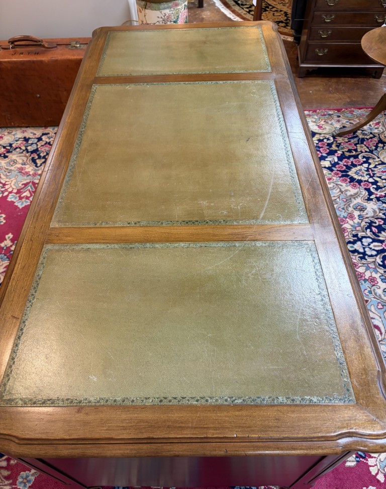 Vintage French Provencial Cherry Desk with Green Leather Top by Townsend Vintage French Provencial Cherry Desk with Green Leather Top by Townsend