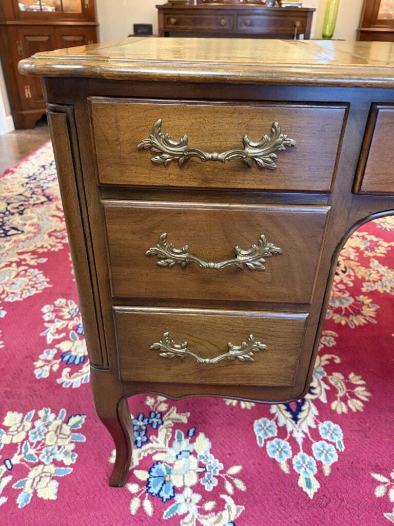 Vintage French Provencial Cherry Desk with Green Leather Top by Townsend Vintage French Provencial Cherry Desk with Green Leather Top by Townsend