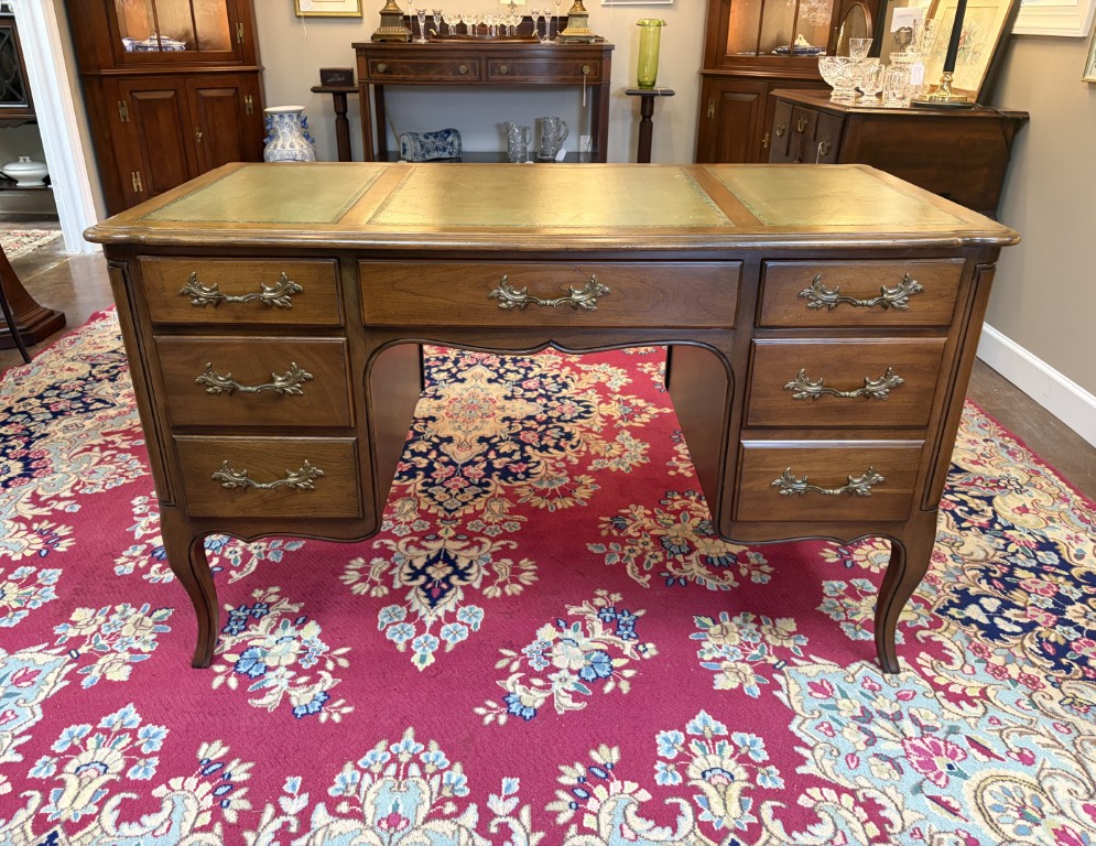 Vintage French Provencial Cherry Desk with Green Leather Top by Townsend Vintage French Provencial Cherry Desk with Green Leather Top by Townsend