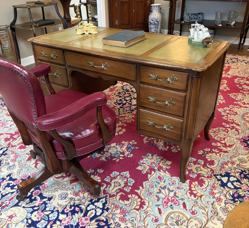 Vintage French Provencial Cherry Desk with Green Leather Top by Townsend Vintage French Provencial Cherry Desk with Green Leather Top by Townsend